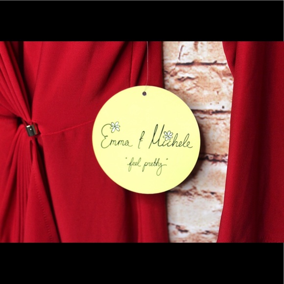 Emma & Michelle | Red Gathered Surplice Dress - Picture 10 of 13